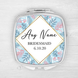 Personalisiertes Silber Brautjungfer Compact Taschenspiegel Personalisiert Name & Datum Make Up Handtasche Geschenk für Sie Brautjungfer Danke Hochzeit Andenken