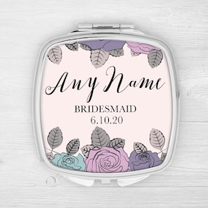 Personalisiertes Silber Brautjungfer Compact Taschenspiegel Personalisiert Name & Datum Make Up Handtasche Geschenk für Sie Brautjungfer Hochzeit Danke Andenken