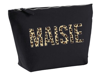 Bolsa de maquiagem personalizada com estampa de leopardo, nome personalizado, bolsa de higiene pessoal, presente para aniversário, Natal, casamento, acessórios para madrinhas