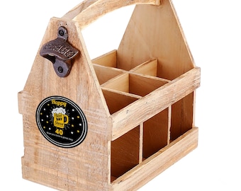 Caja de cerveza personalizada para hombre, regalo de cumpleaños, nombre y edad personalizados, estilo rústico, caja de madera, soporte para 6 botellas con abridor, cesta de cerveza