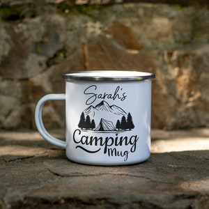 Personalised Camping Mug For Children Adults Enamel Mugs For Campers Indoor Outdoor Coffee Tea Cup Men Ladies Girls Boys Tent Accessories