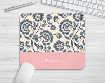 Personalised Name Floral Pink Blue Mouse Mat Rectangle Or Round Mousepad Desk Mouse Pad Office Accessories Mousemat Pattern PC Computer Gift