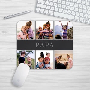 Puede incluir: Un mousepad de collage de fotos en blanco y negro con la palabra "PAPA" en el centro. El collage presenta fotos de un padre y sus hijos.
