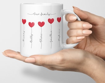 Könnte beinhalten: Eine weiße Keramiktasse mit einer handschriftlichen schwarzen Aufschrift "Our Family" und fünf roten Herzballons mit schwarzen Schnüren. Die Namen "Mummy", "Daddy", "Olivia", "Jonathan" und "Stephanie" stehen unter den Ballons.
