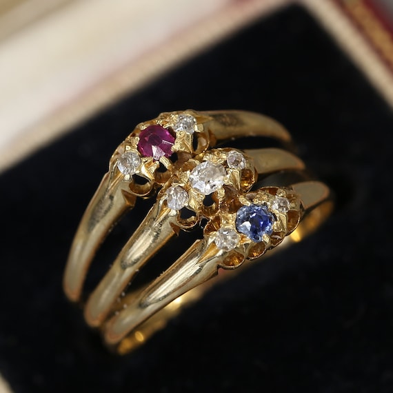 Victorian Ruby Diamond and Sapphire Triple Band R… - image 1