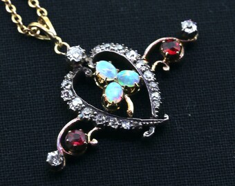 Victorian Diamond Opal and Spinel Heart Pendant Necklace - 15ct Gold, Silver