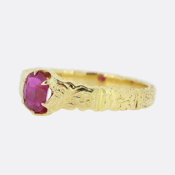 Antique Patterned Ruby Solitaire Ring - 18ct Yell… - image 3