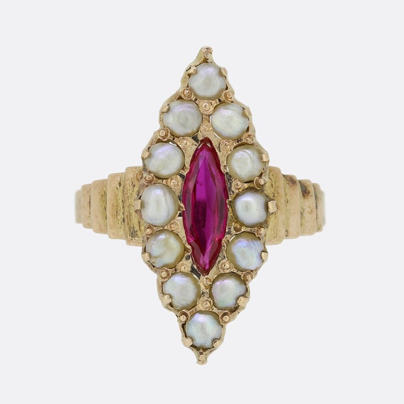 Edwardian Synthetic Ruby and Pearl Navette Ring -… - image 2