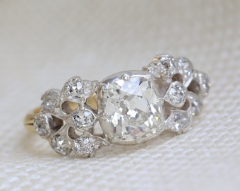 Edwardian Diamond Ring - 1.60 Carat Old Cut Diamond Engagement Ring 18ct Yellow Gold & Silver