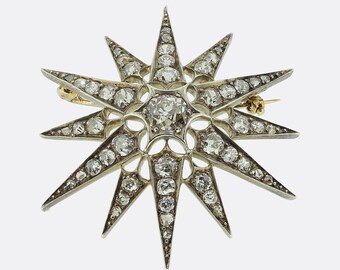 Victorian Old Cut Diamond Star Brooch 15ct Gold and Silver