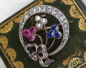 Victorian Diamond Ruby Sapphire and Pearl Crescent Brooch 15ct Yellow Gold, Silver