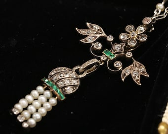 Edwardian Sautoir Necklace - Platinum and Gold - Diamond Emerald and Pearl
