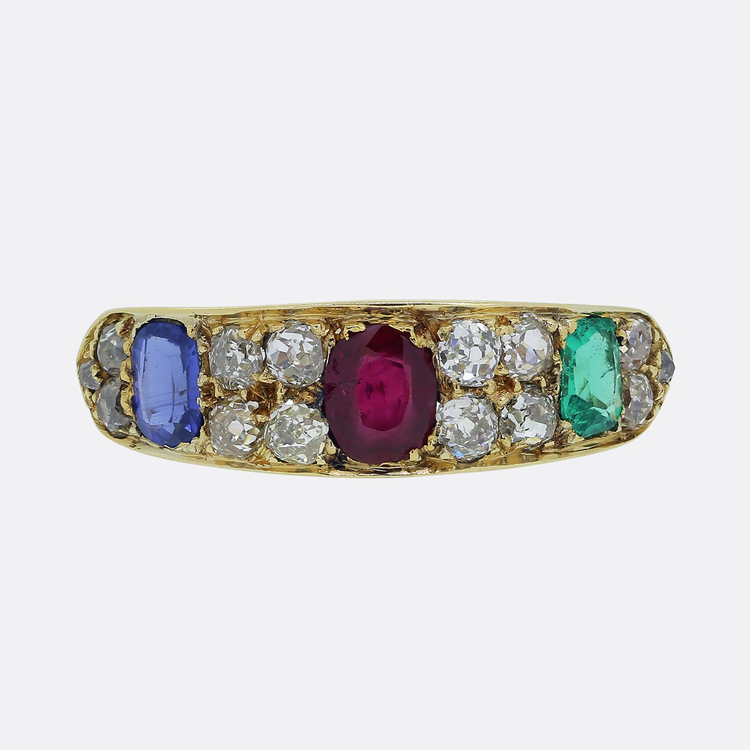 Victorian Ruby Emerald Sapphire and Diamond Ring 18ct Yellow