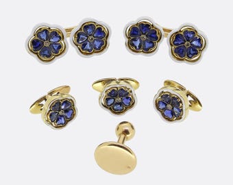 French Antique Sapphire Diamond and Enamel Dress Set 18ct Yellow Gold