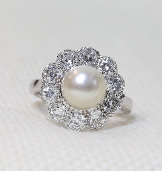 Vintage Pearl Ring - Pearl and Old Cut Diamond Cluster Ring 18ct White Gold
