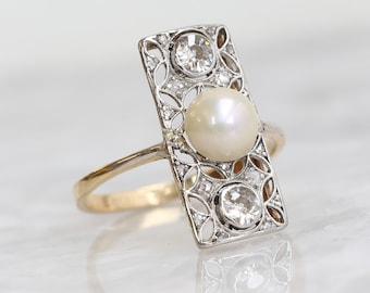 Antique Pearl Ring - Edwardian Natural Pearl and Diamond Plaque Ring 18ct Yellow Gold