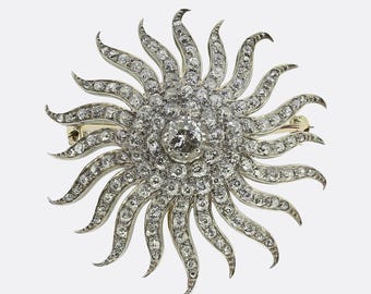 Antique Diamond Sunburst Brooch Pendant 15ct Yellow Gold & Silver