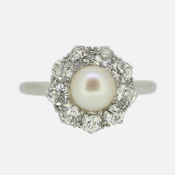 Art Deco Natural Pearl and Old Cut Diamond Cluster Ring Platinum