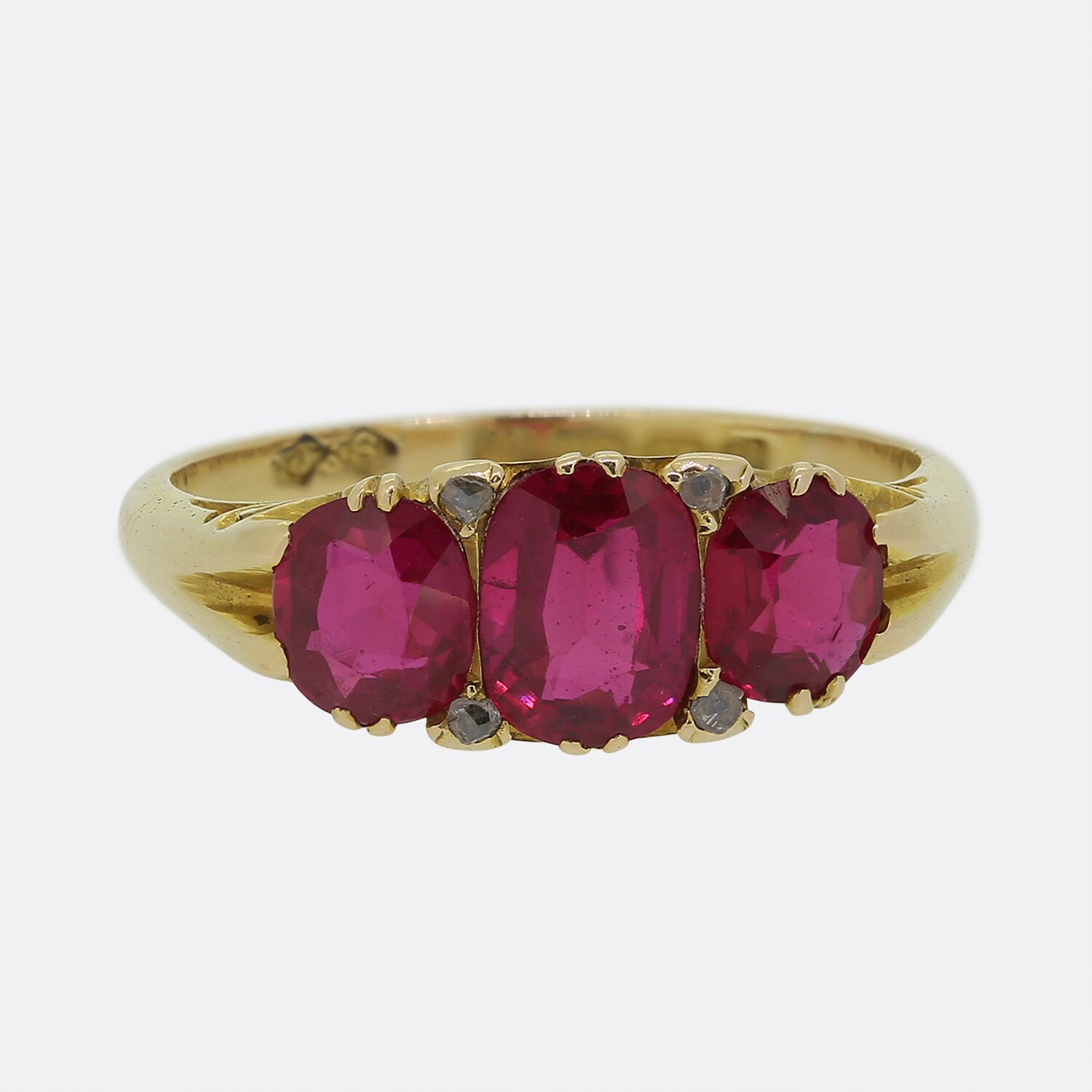 Edwardian Synthetic Ruby and Diamond Three Stone Ring 18ct Yellow Gold