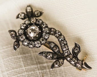 Antique Diamond Brooch - Georgian Flower Pin Brooch 0.94 Carat Diamond  - 15ct Gold & Silver