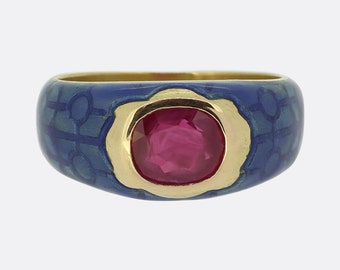 Antique Ruby Ring - Blue Enamel and Burmese Ruby Ring - 18ct Yellow Gold