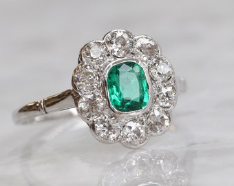 Art Deco Emerald Ring - Emerald and Old Cut Diamond Cluster Ring 18ct White Gold