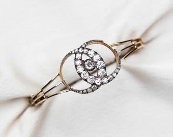Victorian Old Cut Diamond Crescent Bangle 15ct Gold and Silver
