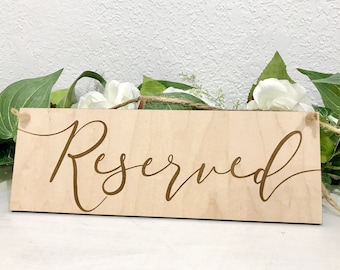 Engraved wedding reserved sign for chair, hanging isle rustic wedding signs, church seating pew row reservation, table decor wooden sign