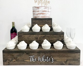 wooden cupcake stand with 3D lettering, rustic wood wedding cake display, custom baby shower party decor, bridal shower 3 tier cupcake riser