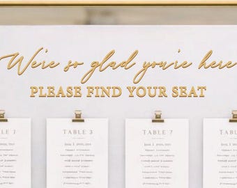 We're so glad you're here please find your seat lettering cutouts ONLY, wedding seating chart letters, rustic wedding decor, wooden words