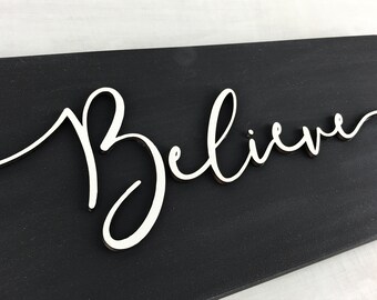 She Believed Inspirational Sign Gift Wood Black White Wall Hanging Decor 5x5" 
