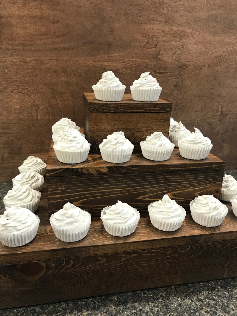 wooden cupcake stand with 3D lettering, rustic wood wedding cake display, custom baby shower party decor, bridal shower 3 tier cupcake riser image 4