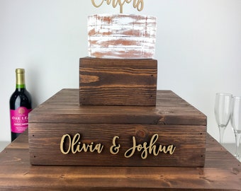 wooden cupcake stand with 3D lettering, rustic wood wedding cake display, custom baby shower party decor, bridal shower 3 tier cupcake riser