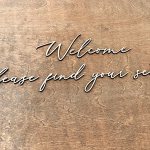 Welcome please find your seat lettering cutouts ONLY, wedding seating chart sign letters, rustic wedding decor text, wooden words decals