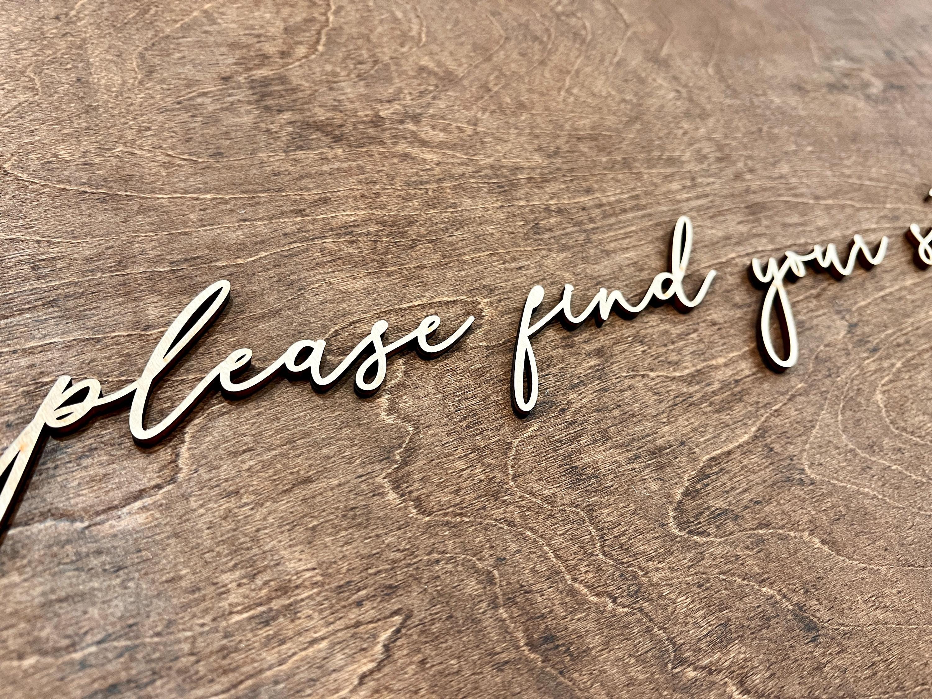 Please find your seat lettering cutouts ONLY, welcome wedding seating chart sign letters, rustic wedding decor text, wooden words decals