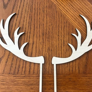 antler cake topper, wood wedding cake pick, rustic deer birthday party decorations, wooden deer cake skewer, woodland baby shower