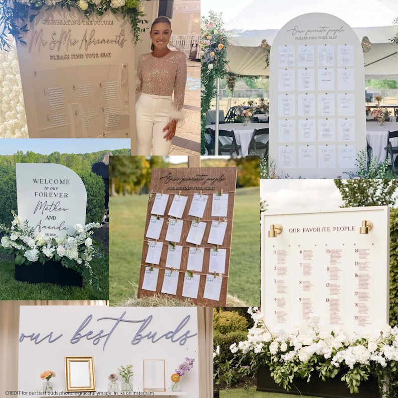 May include: A collage of six images showing wedding signage. The signs are made of wood and acrylic and feature various wedding-related themes, such as "Our Favorite People", "Welcome to our Forever", and "Our Best Buds".