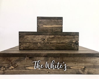 wooden cupcake stand with 3D lettering, rustic wood wedding cake display, custom baby shower party decor, bridal shower 3 tier cupcake riser