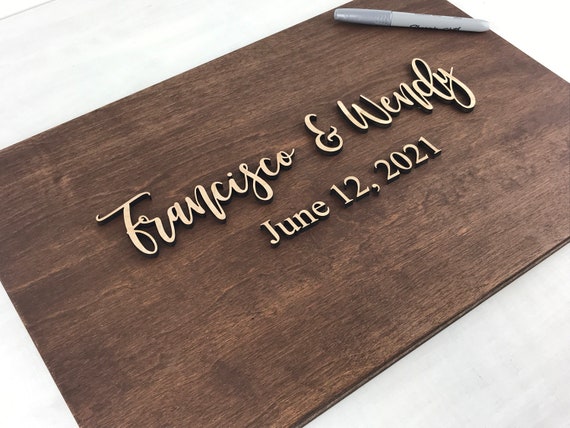 established date engraved wood custom wedding guest book alternative wooden personalized last name sign rustic wedding reception decor