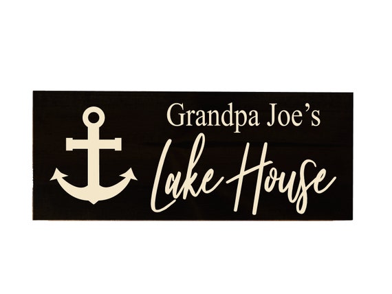 Black lake house sign, nautical grandparents gift, custom name carved wood signs, rustic home decor for papa, anchor Father's Day gifts Il_570xn