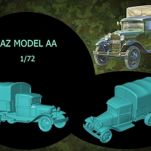 Puede incluir: Imagen de un camión GAZ Model AA, escala 1/72, en tres vistas diferentes. La vista superior muestra un camión verde con una capota de lona. Se muestran dos modelos de camiones de color verde azulado adicionales a continuación.