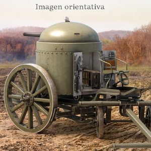 Puede incluir: Un vehículo verde, con ruedas, blindado con una gran parte superior abovedada y un cañón que sobresale por el lado. El vehículo está en un camino de tierra con un bosque en el fondo. El texto "Imagen orientativa" es visible en la esquina superior izquierda de la imagen.