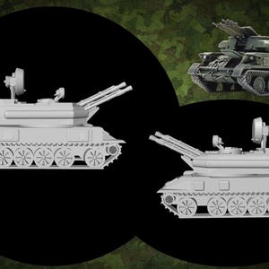 Peut inclure: Image d'un véhicule militaire, un canon antiaérien automoteur. L'image montre trois vues du véhicule, avec un radar et plusieurs canons. Le véhicule est gris et possède un système de chenilles de type char.