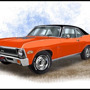 Peut inclure: Une voiture classique orange avec un toit noir. La voiture a des accents chromés, des pneus noirs et le texte "SS" à l'avant. Le fond a un effet aquarelle bleu et blanc.