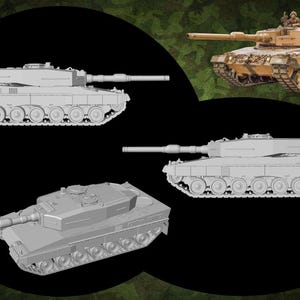 Puede incluir: Imagen que presenta múltiples representaciones de un tanque. La imagen incluye un tanque a color y varios modelos en escala de grises. Los tanques son de color beige y gris, con un cañón largo y un diseño detallado.