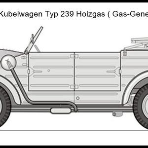 Puede incluir: Un dibujo lineal de perfil de un vehículo VW Kubelwagen Typ 239 Holzgas (Gas-Generator). La ilustración presenta una carrocería gris claro, neumáticos negros, una capota plegada y el texto "VW Kubelwagen Typ 239 Holzgas ( Gas-Generator )" y "1/72".