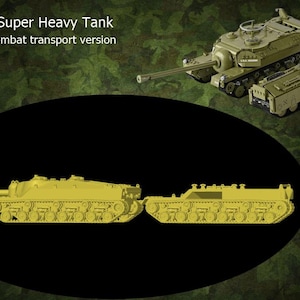 Op de afbeelding: Model van een T28 Super Heavy Tank, niet-gevechts transportversie, in olijfgroen en geel. De afbeelding toont de tank in twee verschillende aanzichten, met de tekst "T28 Super Heavy Tank" en "Non-combat transport version". De schaal is 1/72.