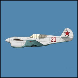 Puede incluir: Una ilustración de perfil lateral de un avión de combate blanco con una cubierta de motor color verde azulado, el número 20 en rojo en el fuselaje y un emblema de estrella roja en la aleta de la cola. El avión tiene una cabina transparente.