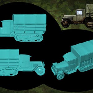 Puede incluir: Ilustración de un camión militar vintage con una caja de carga cubierta de lona. El camión tiene un eje delantero con ruedas y un sistema de orugas trasero. La imagen está sobre un fondo oscuro con un patrón de camuflaje verde.