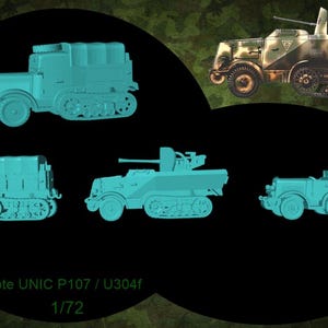 Puede incluir: Varios modelos de vehículos militares, principalmente en azul claro, con uno camuflado. La imagen incluye el texto "Lote UNIC P107 / U304f 1/72". Los modelos representan diferentes tipos de vehículos.